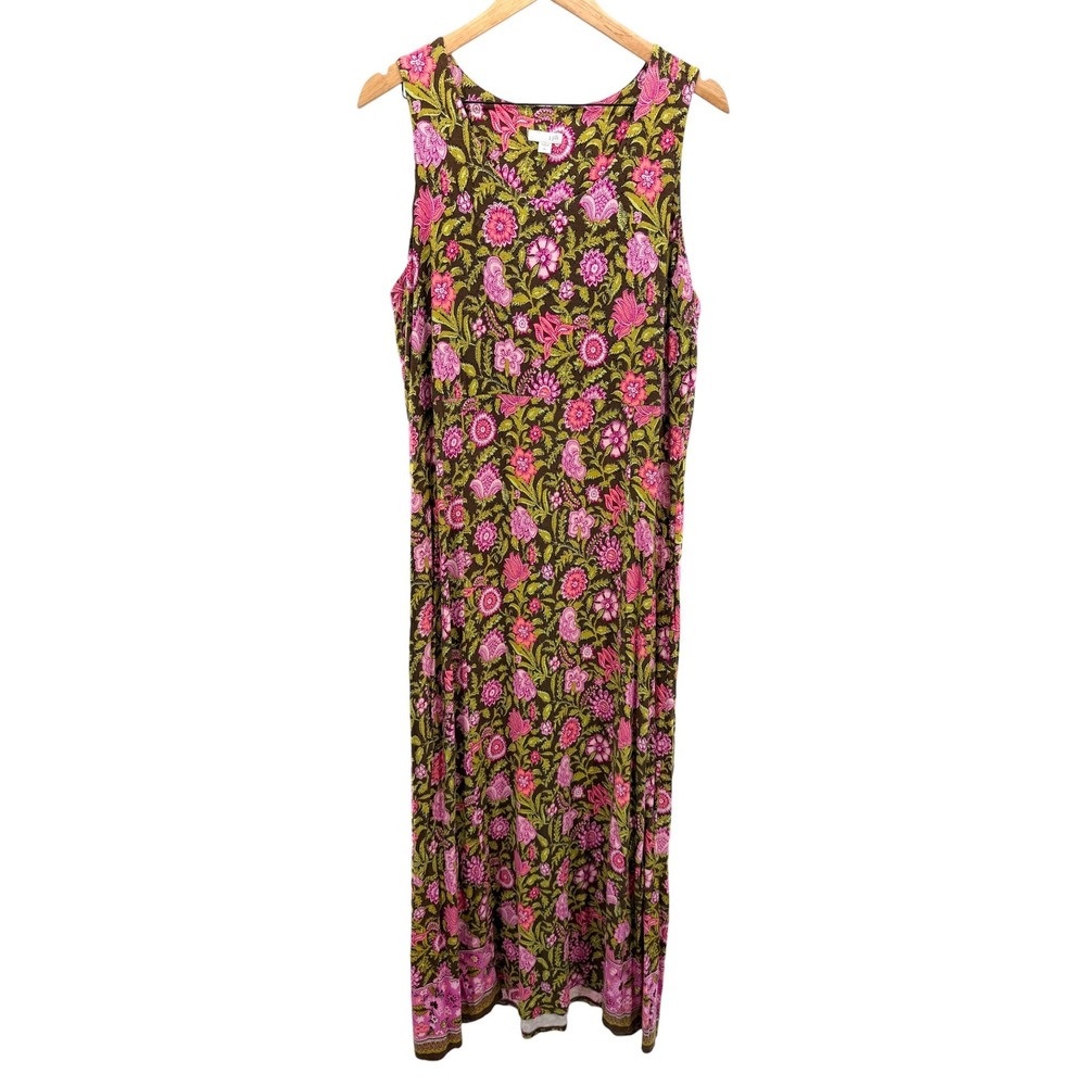 J. Jill Pink Brown Floral Sleeveless Maxi Dress Large Tall LT Knit Jersey Long